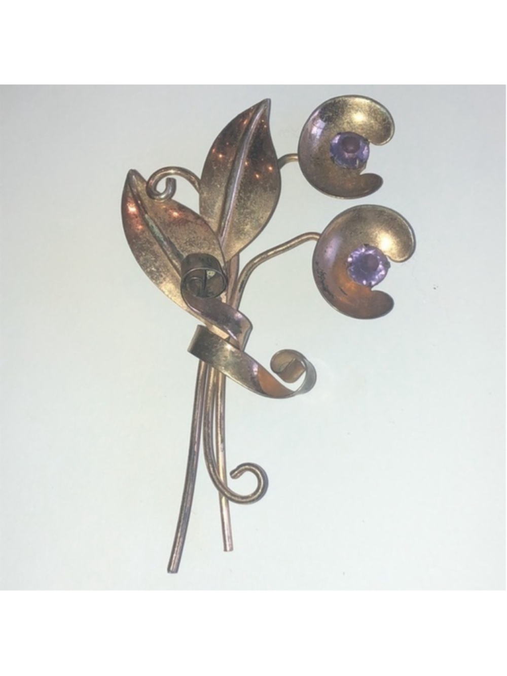 Sterling Gold Wash Purple CZ Rhinestone Floral Spray Brooch Shoulder Pin